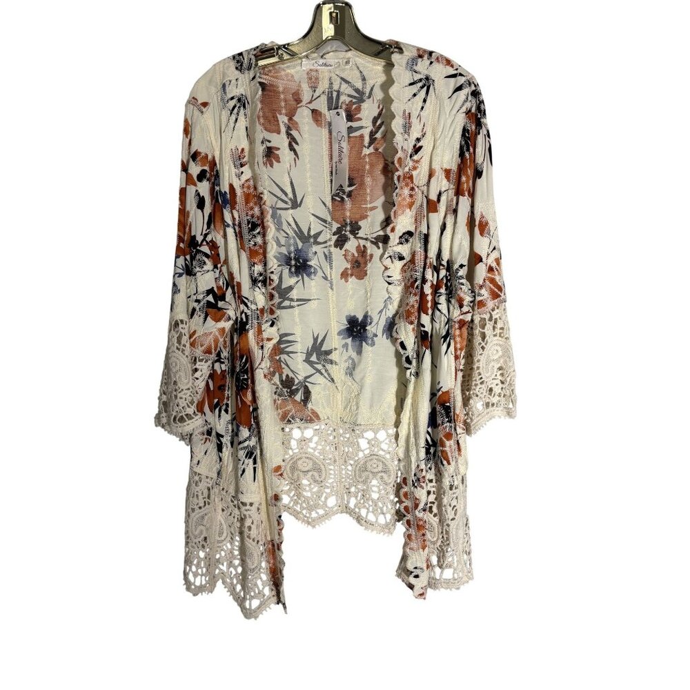 Floral Print Kimono Cardigan With Lace Trim & Bell Sleeves - Picture 1 of 8